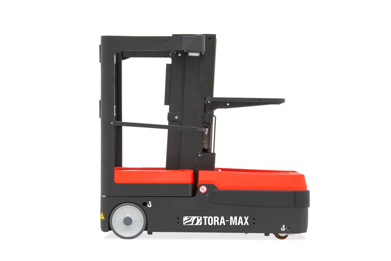 Orange and gray forklift on white background with side elevator profile 